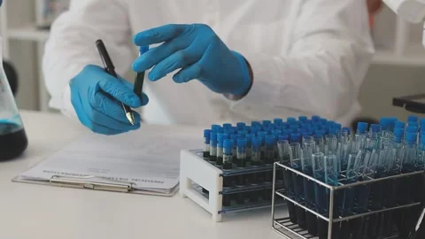 Science, research and hands in lab with notebook and computer on scientific.. Stock Footage 344458087