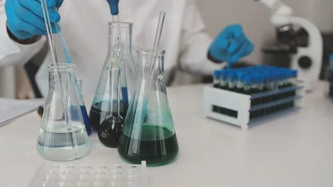 Science, research and hands in lab with notebook and computer on scientific.. Stock Footage 344458100