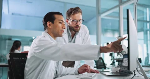 Science, research and men in lab, computer and teamwork with discussion, results Stock Footage 305045363