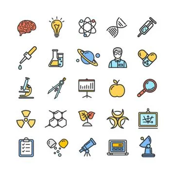 Science Research Color Flat Thin Line Icon Set Like Microscope, Magnifier, Light Stock Illustration