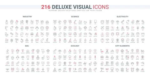 Science research, electricity, city elements, industry and logistics line icons Illustrazione stock