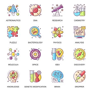 Science research flat icons set. Astronautics Stock Illustration