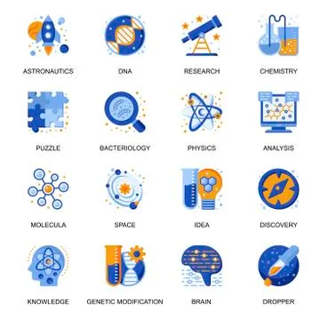 Science research icons set in flat style. Stock Illustration
