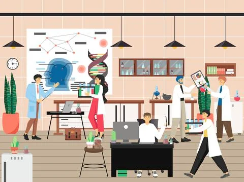Science research lab. Scientists studying dna discussing scientific discoveries Stock Illustration