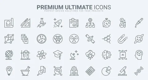 Science research technology thin line icons set, scientific laboratory equipment Illustrazione stock
