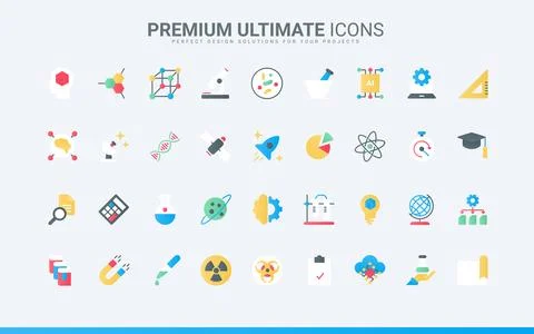 Science research technology trendy flat icons set, scientific laboratory 库存插图
