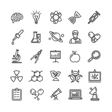 Science Research Thin Line Icon Set Like Microscope, Magnifier, Light Bulb Idea. Stock-Illustration