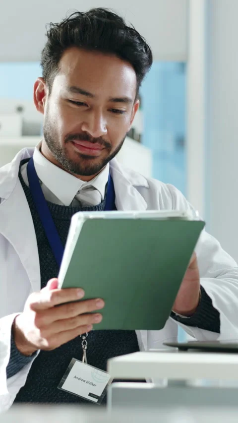 Science, review or man in lab with tablet, study recording or digital research 動画素材 333338202
