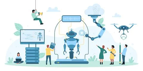 Science robot building technology, tiny people making cyborg with AI, hardware 库存插图