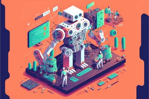 Science robot building technology vector illustration, engineers programmin.. Stock Illustration