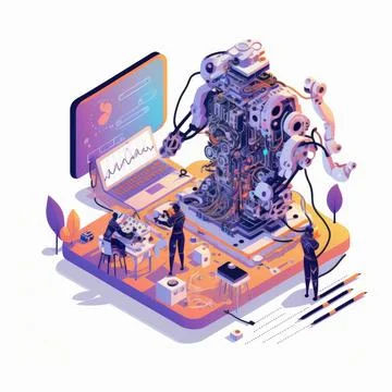 Science robot building technology vector illustration, engineers programmin.. Stock Illustration