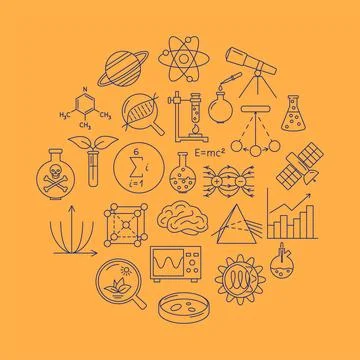 Science round poster in thin line style Illustrazione stock