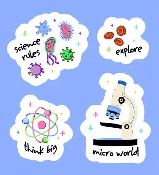 Science Rules Sticker Set, Cute Microscope Clipart, Micro World Microscopic.. Stock Illustration