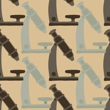 Science seamless doodle pattern with microscope elements. Brown and grey medi Stock Illustration