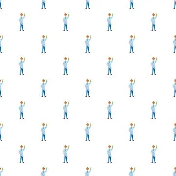 Science seamless pattern with cartoon scientist holding flask Stock Illustration