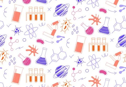 Science seamless pattern. Repeating design element for printing on fabric. Hand Illustrazione stock