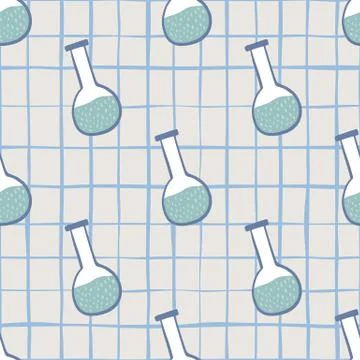 Science seamless study pattern with simple hand drawn flasks. Chequered paste Illustrazione stock