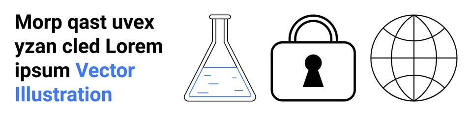 Science, Security, and Global Network Concept with Flask, Lock, and Globe Ico Stock Illustration