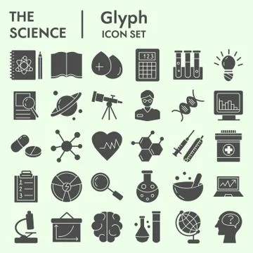 Science solid icon set, research symbols set collection or vector sketches Stockillustratie