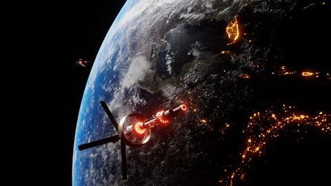 Science space ship floating above the earth 库存插图