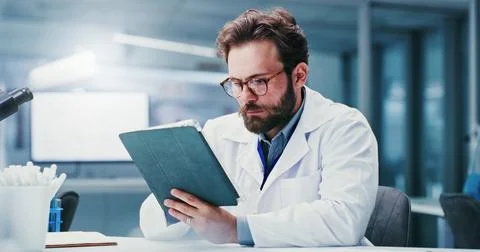 Science, specs or man in lab with tablet, study recording or digital resear.. Stock Photos