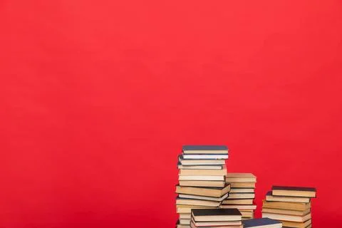Science stack of books in the library on a red background training education 스톡 사진