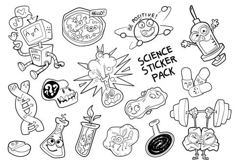 Science sticker pack. Comics style. Set cartoon characters. Black and white.. Stock-Illustration