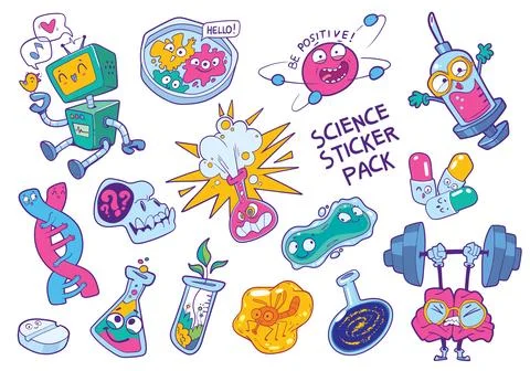 Science sticker pack. Set of funny characters for science. Comics style. Co.. Stock-Illustration