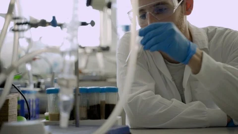 Science student or assistant checks samples in a modern biotech laboratory Stock Footage 112596504