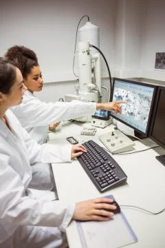 Science students looking at microscopic image on computer Stock Photos