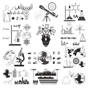 Science symbols set, vector illustration. Knowledge, school education. Stock Illustration
