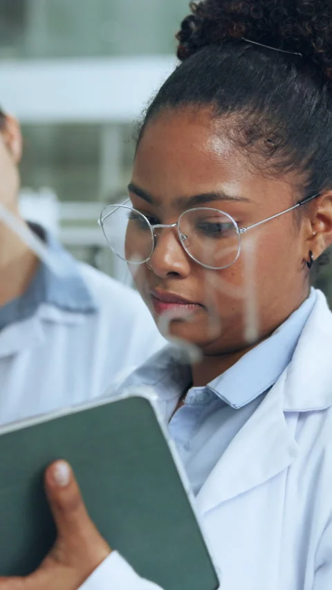 Science, tablet and people talking by board in lab for formula, problem solving Stock Footage 319886885