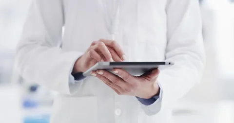 Science, tablet and scientist hands typing data for research, digital innovation Video stock 222066423