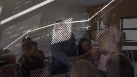 Science teacher kneeling by torso pointing rib cage code graph overlay pulsing Stock Footage 313148199