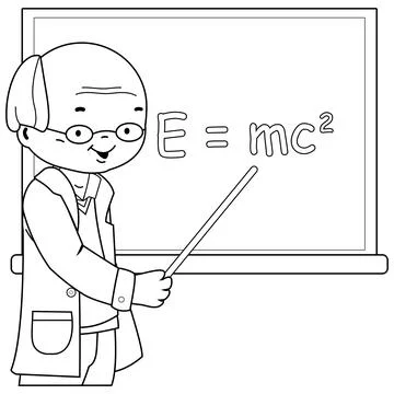 Science teacher teaching in the classroom. Vector black and white coloring page Stock Illustration
