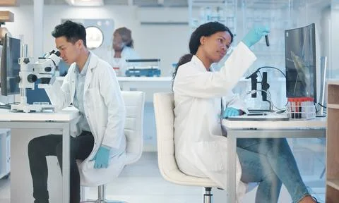 Science, team or tech in lab for experiment, vaccine development or bacteria Stock Photos