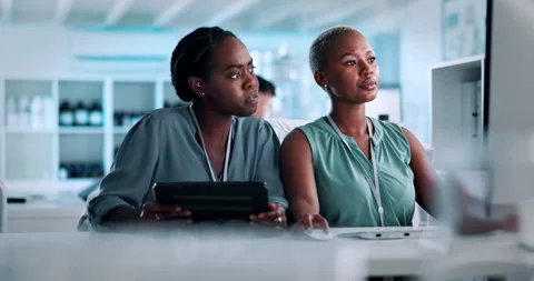 Science team, tablet or computer in clinic with meeting for test results, Stock Footage 319629614