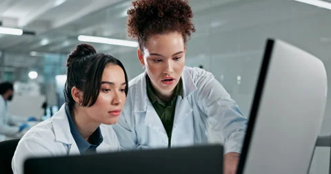 Science, teamwork and women on computer in lab for medical study, online Video stock 280739645