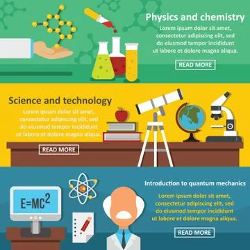 Science tech banner horizontal set, flat style Stock Illustration