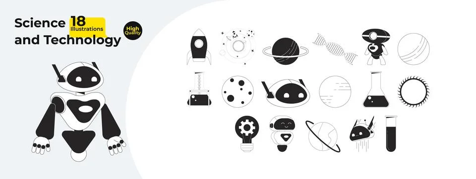 Science technology engineering black and white 2D line cartoon objects bundle Stockillustratie
