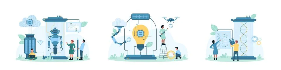 Science technology of future set, tiny people build and repair robot, research Illustrazione stock