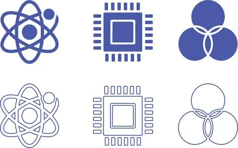Science Technology Icon Set, Atom Symbol Microchip Processor and RGB Color .. Stock Illustration