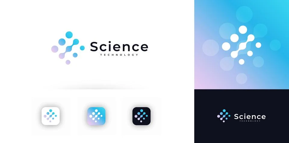 Science Technology Logo Joint Dot Connection Concept, Bio Molecular Test Symbol Illustrazione stock