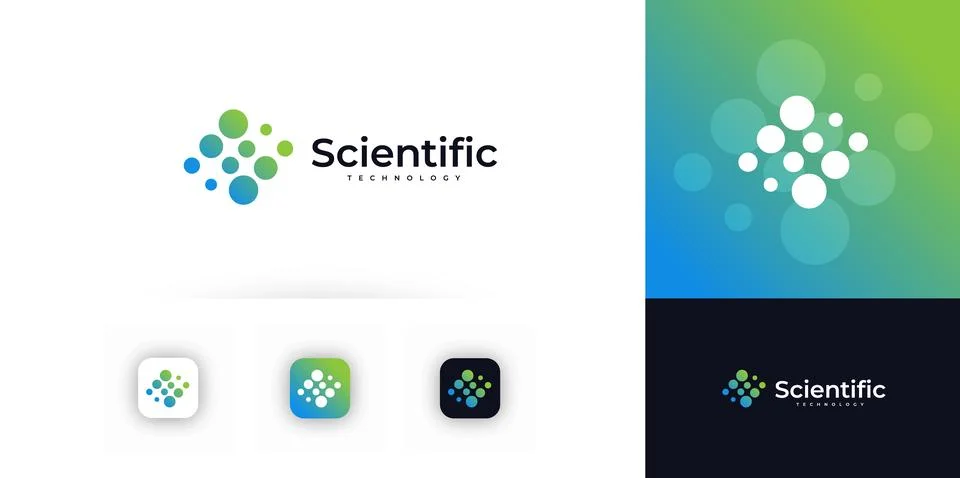Science Technology Logo Joint Dot Connection Concept, Bio Molecular Test Symbol Illustrazione stock