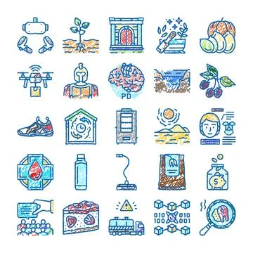 Science technology nature and global economy chalk drawing icons Stock Illustration