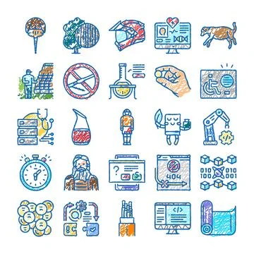 Science technology research innovation doodle icons collection 스톡 일러스트