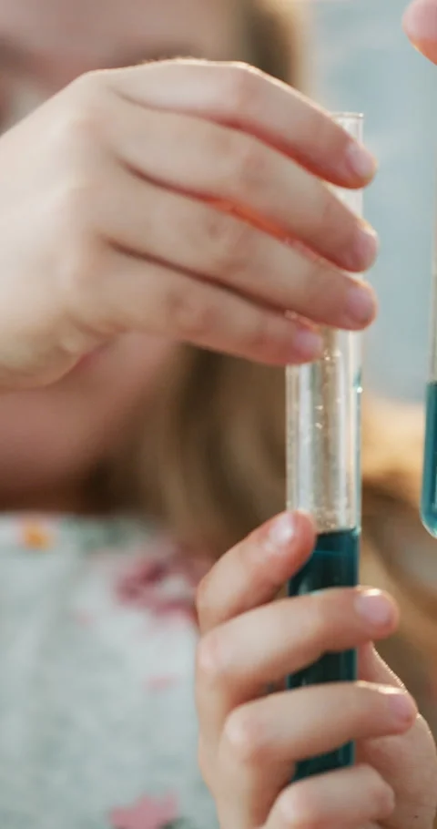 Science, test tubes and hands of children in home for creative lesson, Stock Footage 336740475