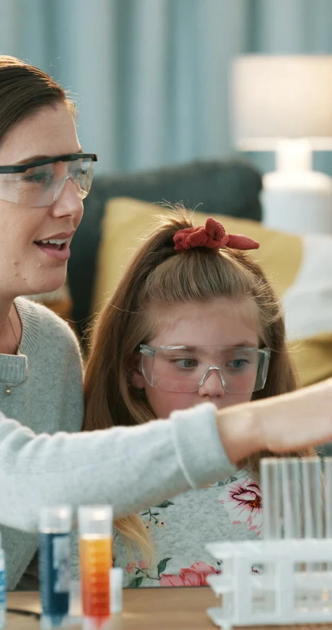 Science, test tubes and mom with children with liquid, creative lesson and Stock Footage 336741492