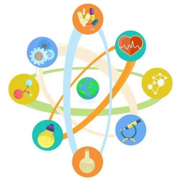 Science Themed Icons Placed in Atomic Model Set Stock Illustration