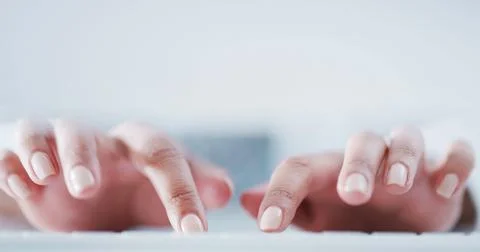 Science, typing or hands in lab with computer, study recording or digital r.. Stock Photos